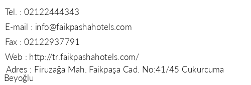 Faik Pasha Suites & Apart telefon numaralar, faks, e-mail, posta adresi ve iletiim bilgileri